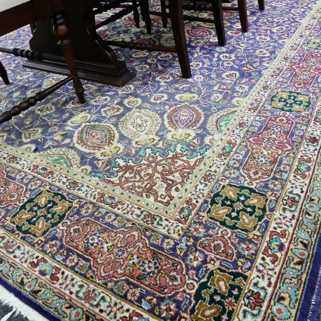 VINTAGE PERSIAN HAND KNOTTED CARPET (with central medallion and floral field on blue ground) 3.42 x 2.52 Image 1++