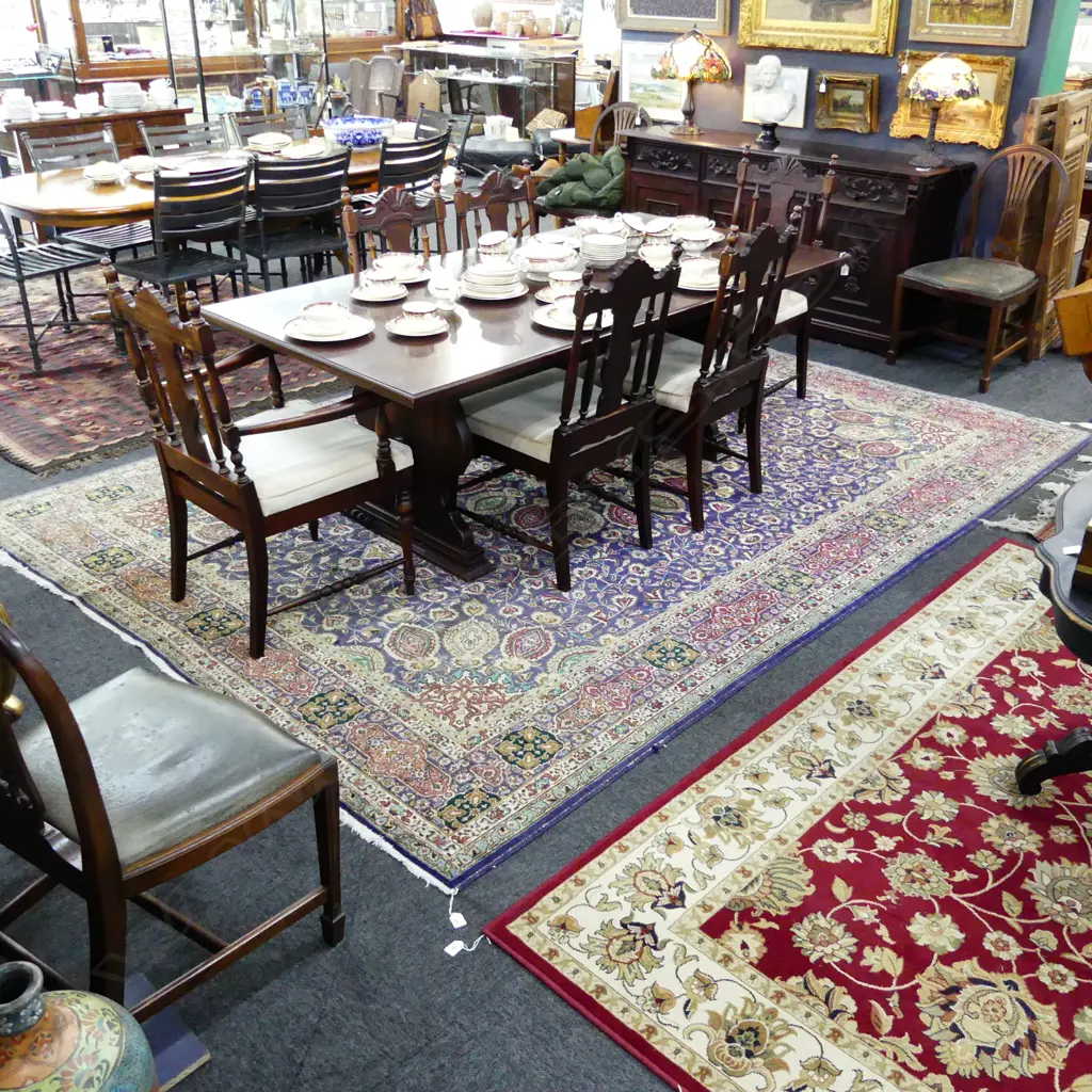 VINTAGE PERSIAN HAND KNOTTED CARPET (with central medallion and floral field on blue ground) 3.42 x 2.52 Image 1++