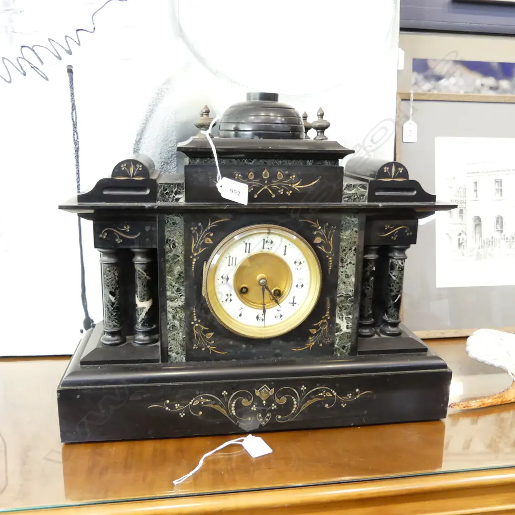 ANTIQUE BLACK MARBLE MANTLE CLOCK W.460mm Image 1++
