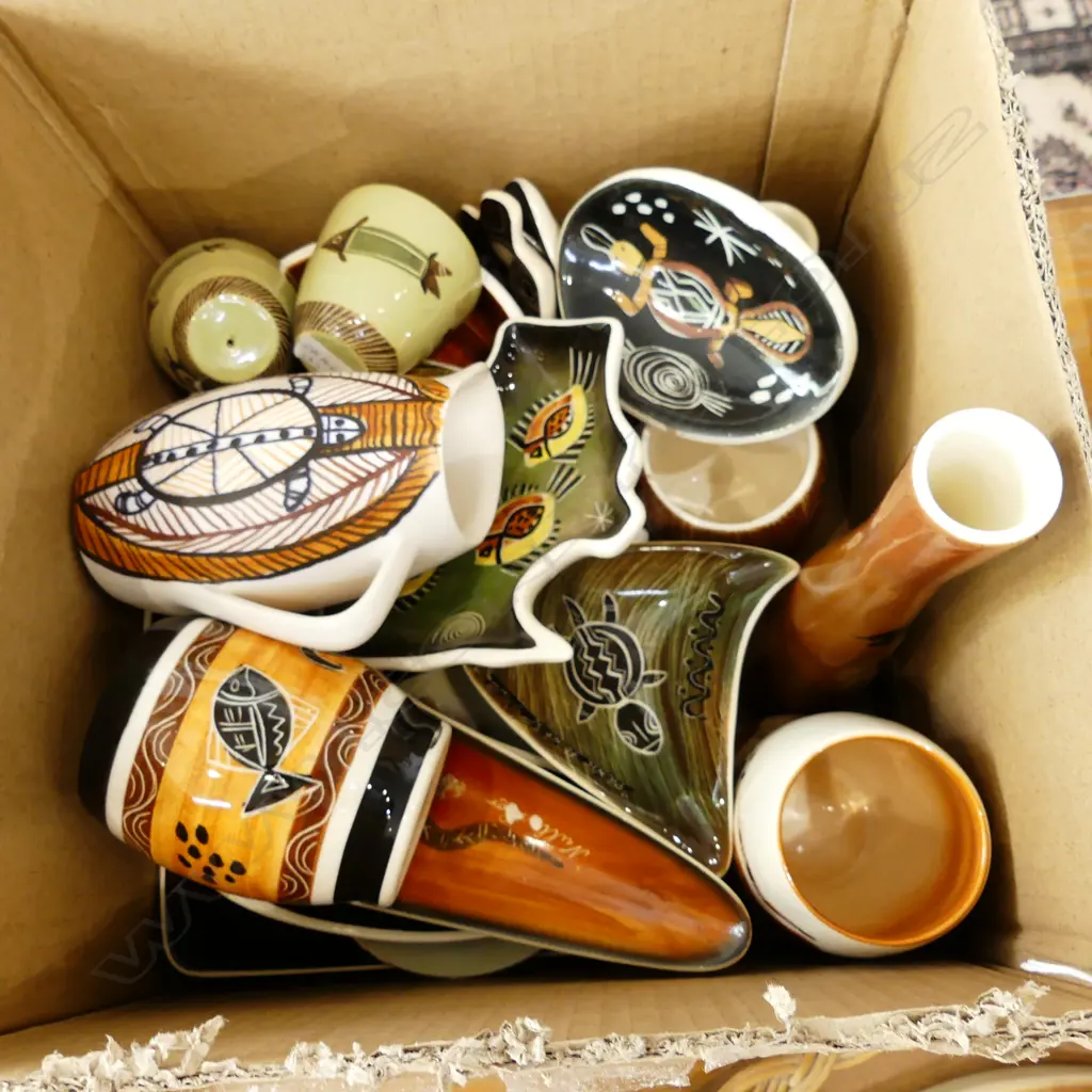 BOX LOT ASST ANIMAL AUSTRALIANA POTTERY INCL STUDIO ANNA VASES, DISHES ETC..  Image 1++