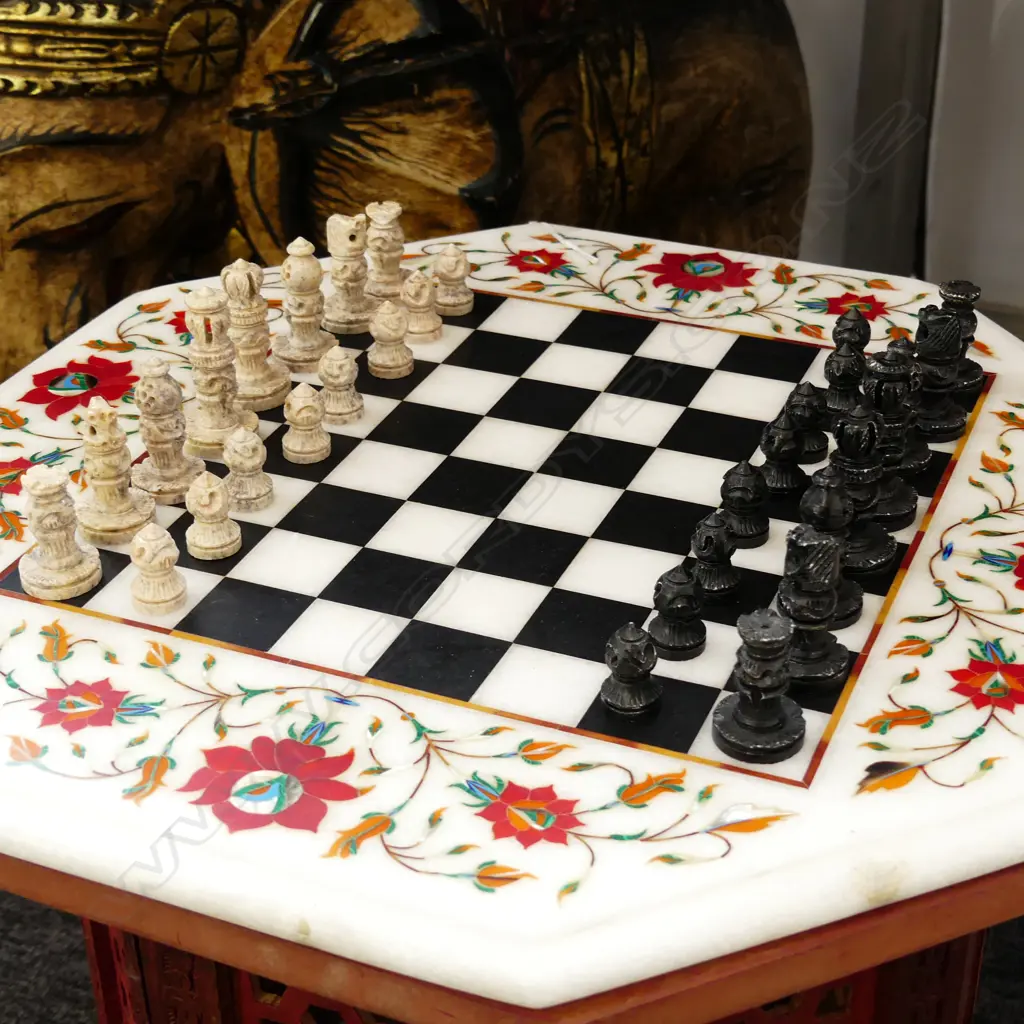 DECORATIVE MARBLE CHESS BOARD ON ORIENTAL WOODEN STAND DIA 410 H 480MM  - COMES WITH CHESS PIECES   Image 1++