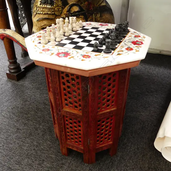 DECORATIVE MARBLE CHESS BOARD ON ORIENTAL WOODEN STAND DIA 410 H 480MM  - COMES WITH CHESS PIECES  