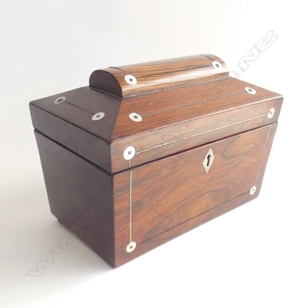 19TH CENTURY ROSEWOOD TEA CADDY SARCOPHUGUS SHAPED MOP INLAY Image 1++