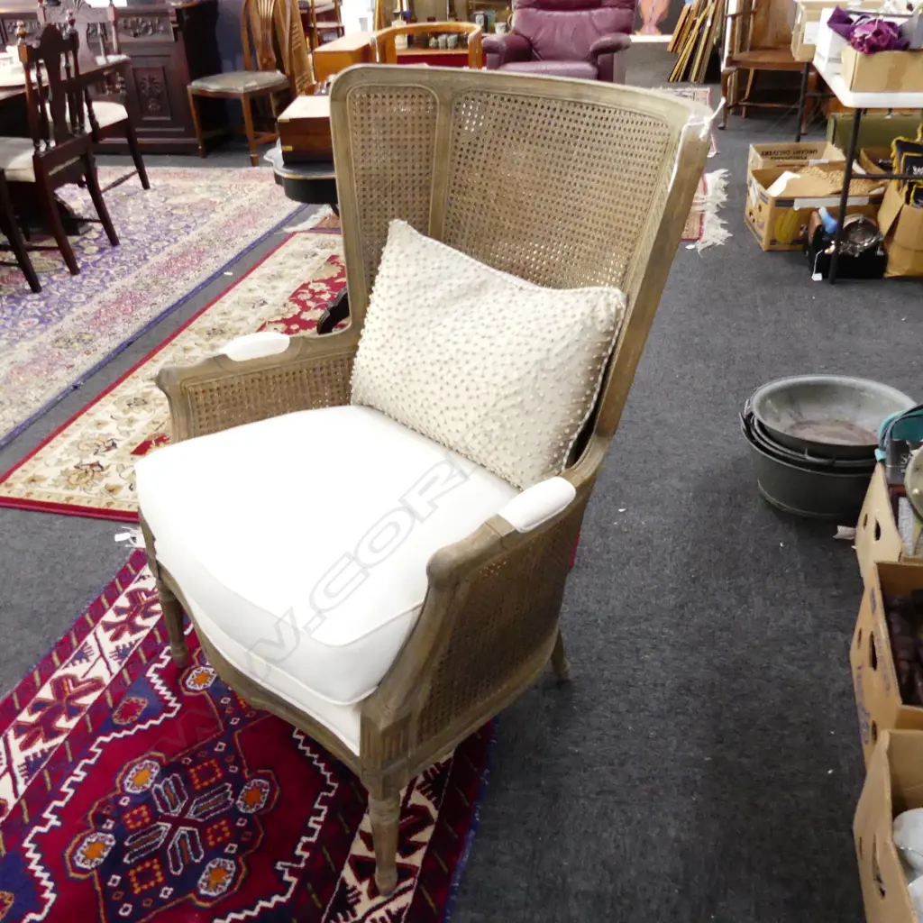 FRENCH STYLE DOUBLE WICKHAM CANE ASH ARMCHAIR w. DESIGNER CUSHION Image 1++