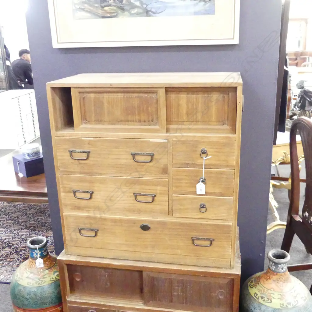 VINTAGE SM JAPANESE DARK STAINED WOODEN TANSU CHEST 6-DRAWER 2 DOOR 565 X 295 X 580MM Image 1++