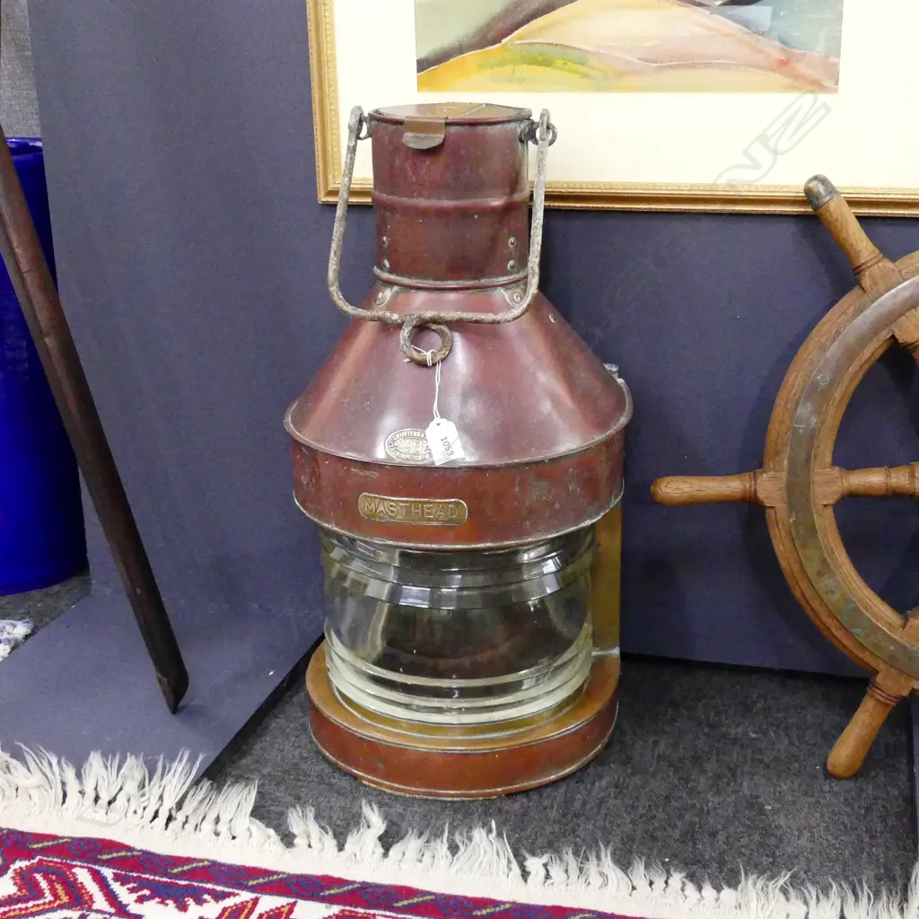 COPPER & BRASS MASTHEAD LIGHT w. SWING HANDLE; ELI GRIFFITHS & SON, B'HAM H.590mm Image 1++