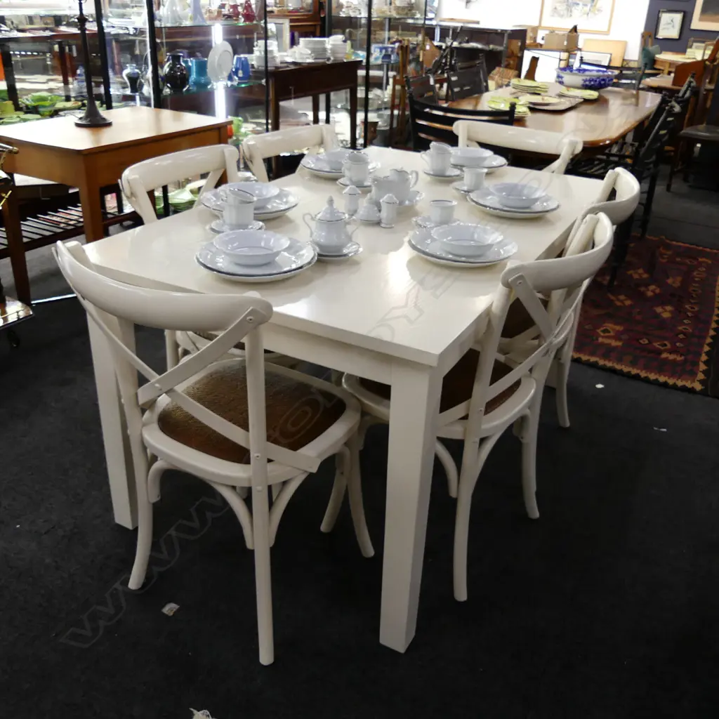 PAINTED DINING TABLE AND SIX CHAIRS woven cane seats 1500 x 900 x 770mm Image 1++