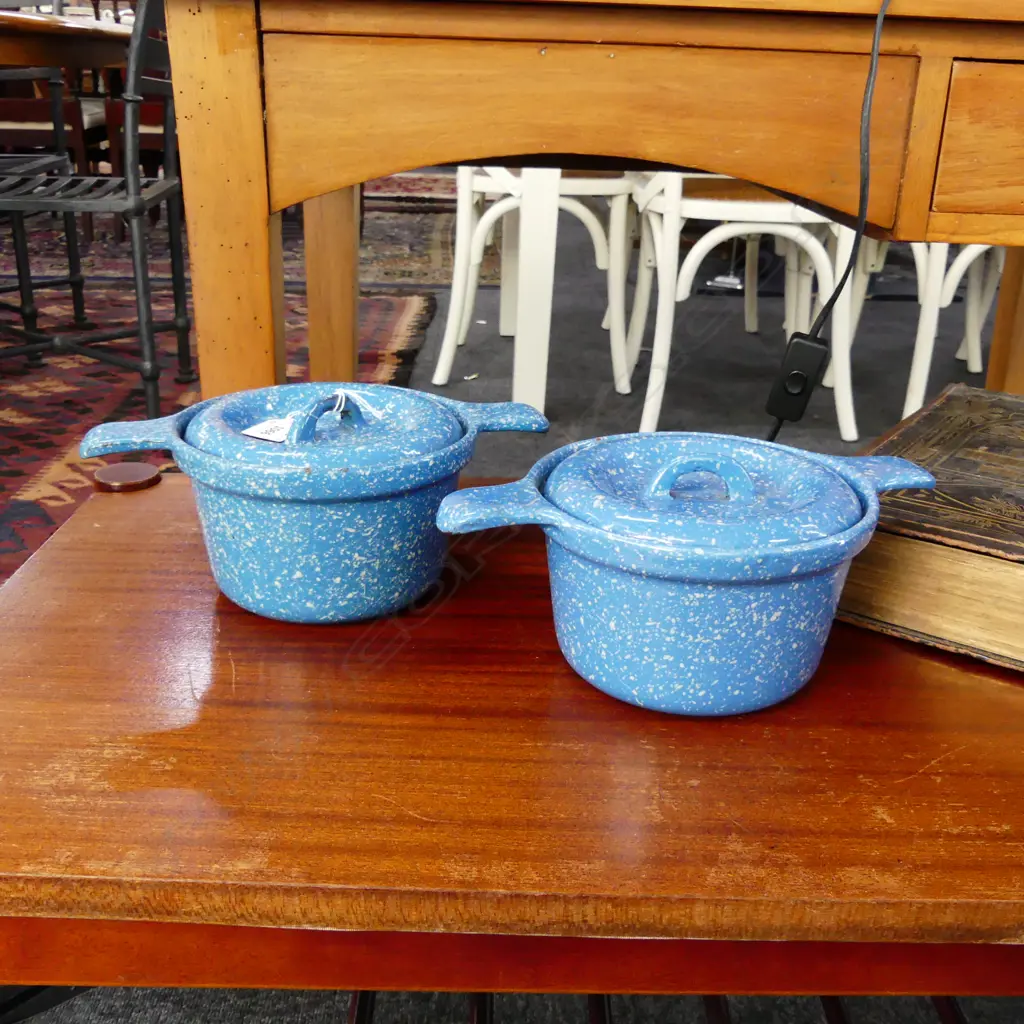 PR BLUE SPECKLED HEAVY ENAMEL 2 HANDLED CASSEROLE DISHES DIA 255MM Image 1++