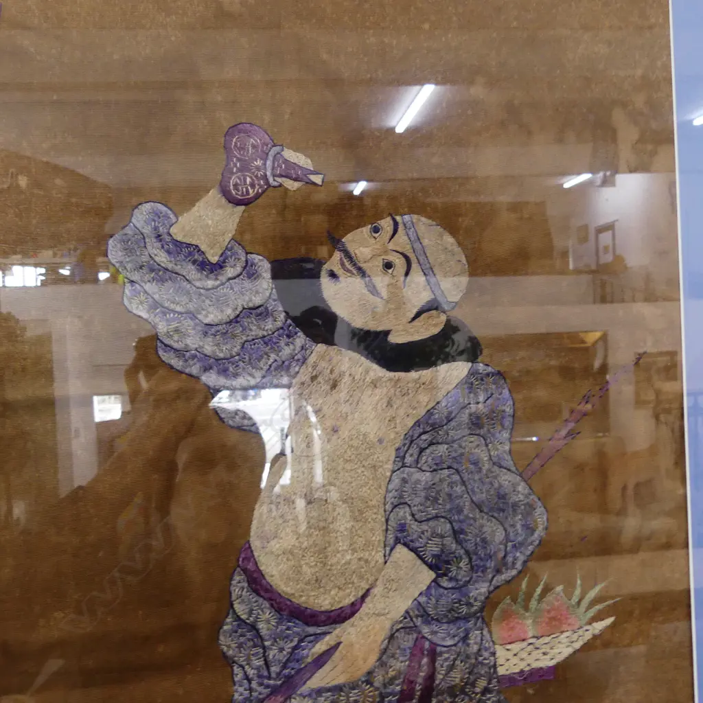 19th/20thC CHINESE HAND EMBROIDERED PANEL DEPICTING A LOHAN DRINKING FROM A GOURD 860x495mm Image 1++