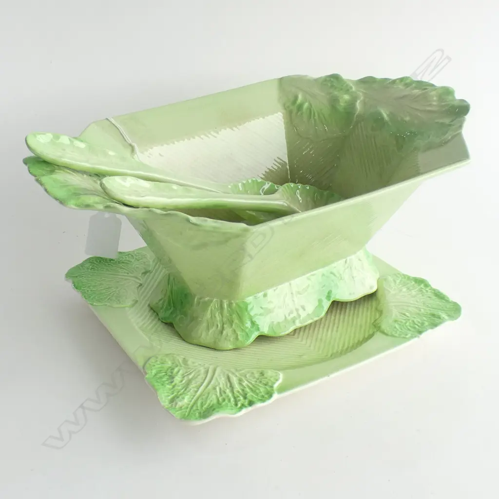 3 PCS CARLTON WARE ART DECO LETTUCE LEAF DISHES C1940-50's; LG BOWL, PLATE  (SOME BRUISING) & PR SALAD SERVERS Image 1++