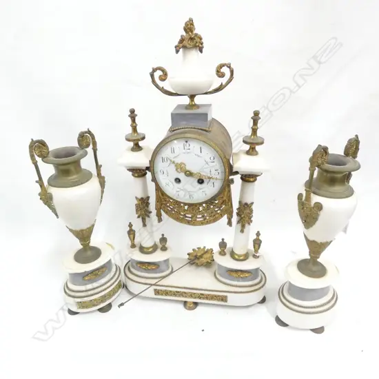 ANTIQUE MARBLE & GILT CLOCK + PR GARNIATURES H.530mm
