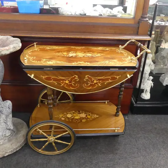 ITALIAN INLAID DRINKS TROLLEY AF repairs to wheels etc H.770mm