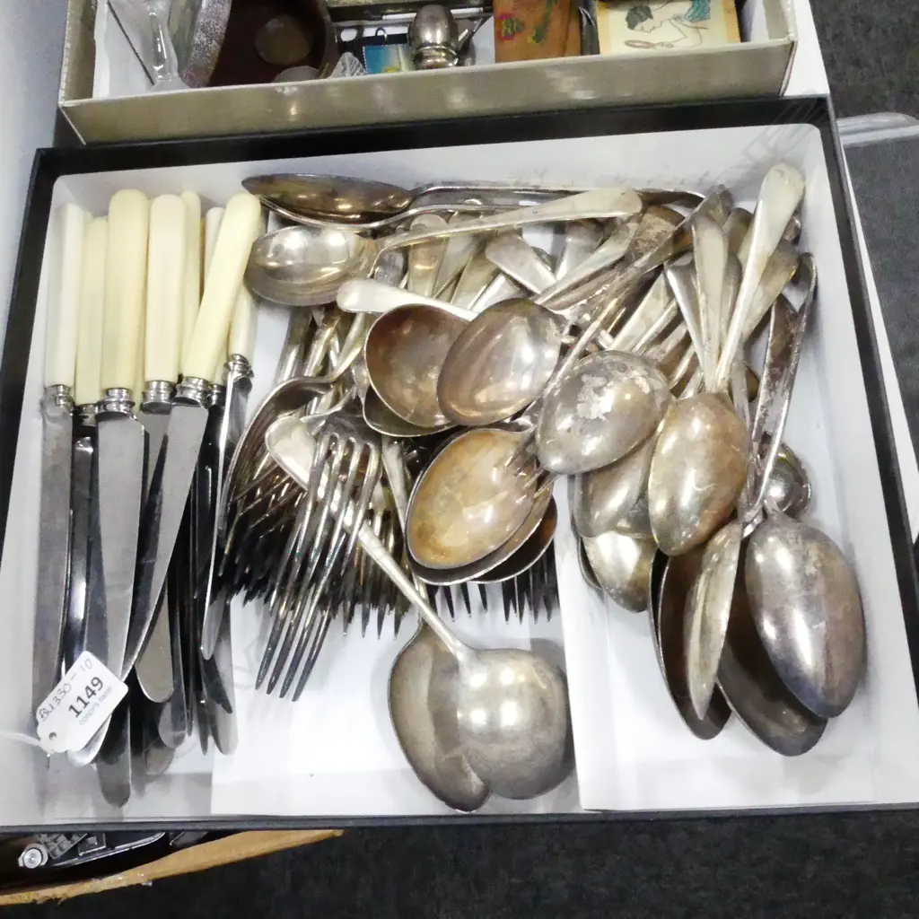 BOX ASST VINTAGE SILVER PLATE CUTLERY INCL FAUX BONE HANDLE KNIVES Image 1++
