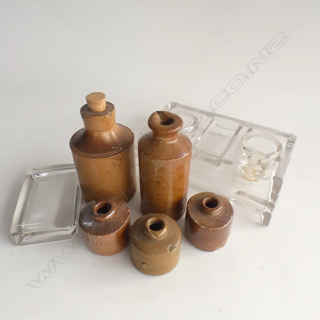 BOX ANTIQUE INK ITEMS: 5 STONEWARE BOTTLES. INKWELL + BLOTTER WEIGHT ? Image 1++