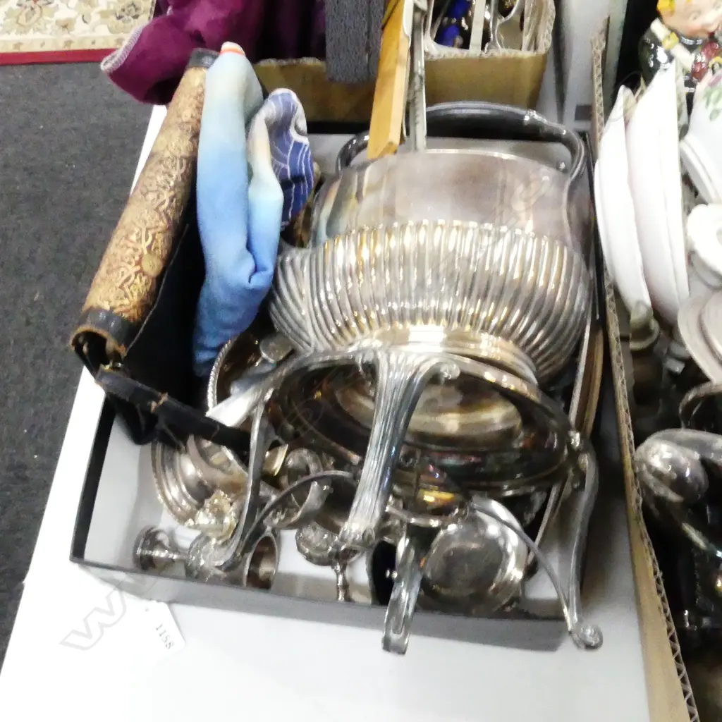 BOX LOT ASST. SILVER PLATE INCL. SPIRIT KETTLE / BAG ETC Image 1++