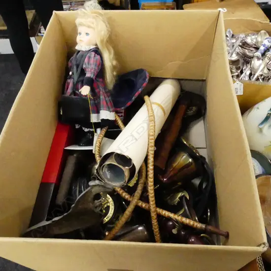 BOX LOT DOLL, HORSE BRASSES ETC
