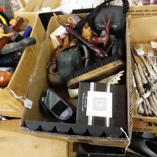 BOX LOT WOODEN / BRASS ANIMALS, CAMERAS / GEM IRON ETC