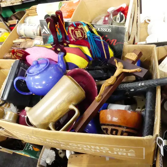BOX LOT ASST.; ORIENTAL PAPER FANS, TEA SET, CRUCIFIX ETC