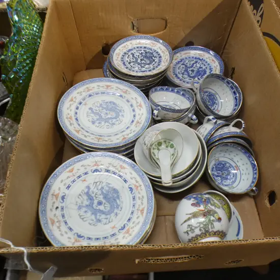 LG BOX ORIENTAL CHINA INCL SET CUPS & SAUCERS, PLATES & OTHER BOWLS ETC..