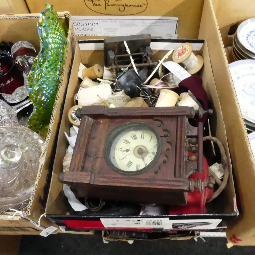BOX LOT COTTON SPOOLS, VINTAGE CLOCK Image 1++