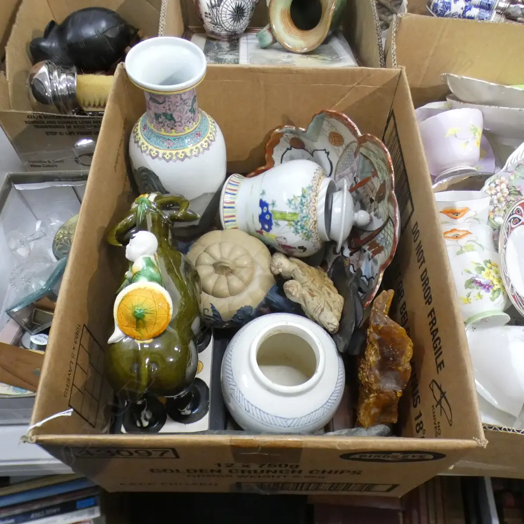 BOX LOT ASST. ORIENTAL ITEMS; VASE, BOWL, BUFFALO ETC Image 1++