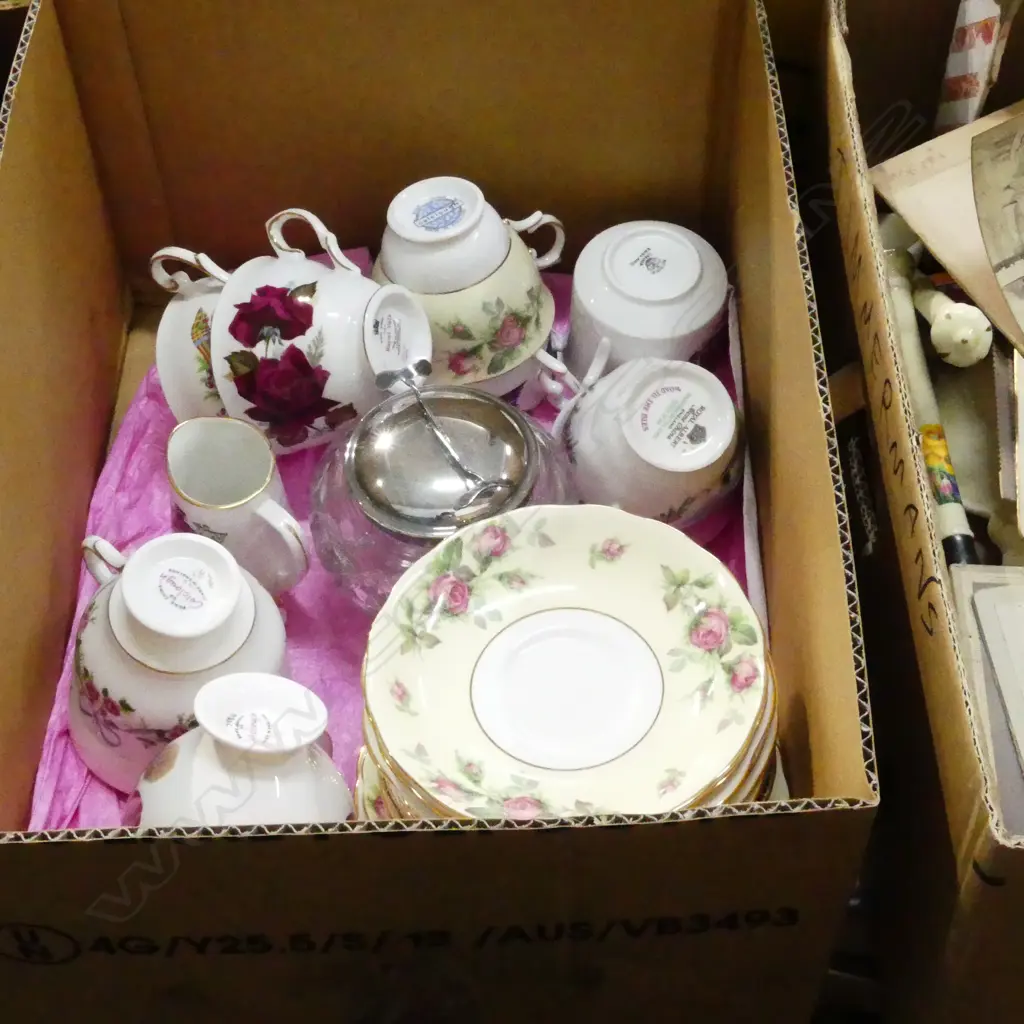 BOX LOT OF TRIOS + EXTRAS + GLASS SUGAR BOWL Image 1++