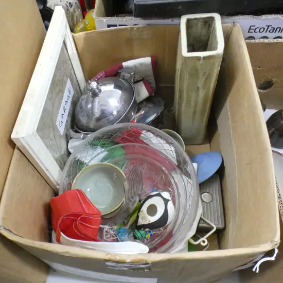 BOX LOT CRYSTAL BOWLS, FLAG, CELADON TEA BOWLS ETC