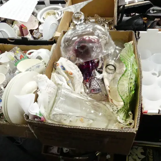 BOX LOT ASST. LINENS, GLASS BOTTLES ETC