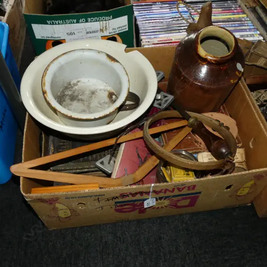BOX LOT ANTIQUE BIBLE AF, BOWL, CROCK, ANIMAL BRANDING TOOLS ETC