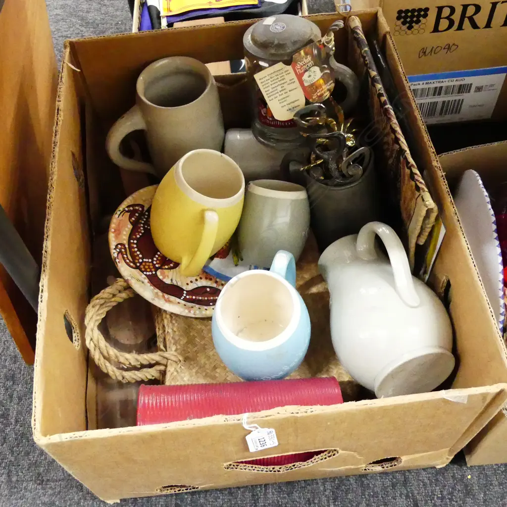BOX LOT MISC. INCL BRASS COLLECTABLE BOTTLE OPENERS ETC.. Image 1++