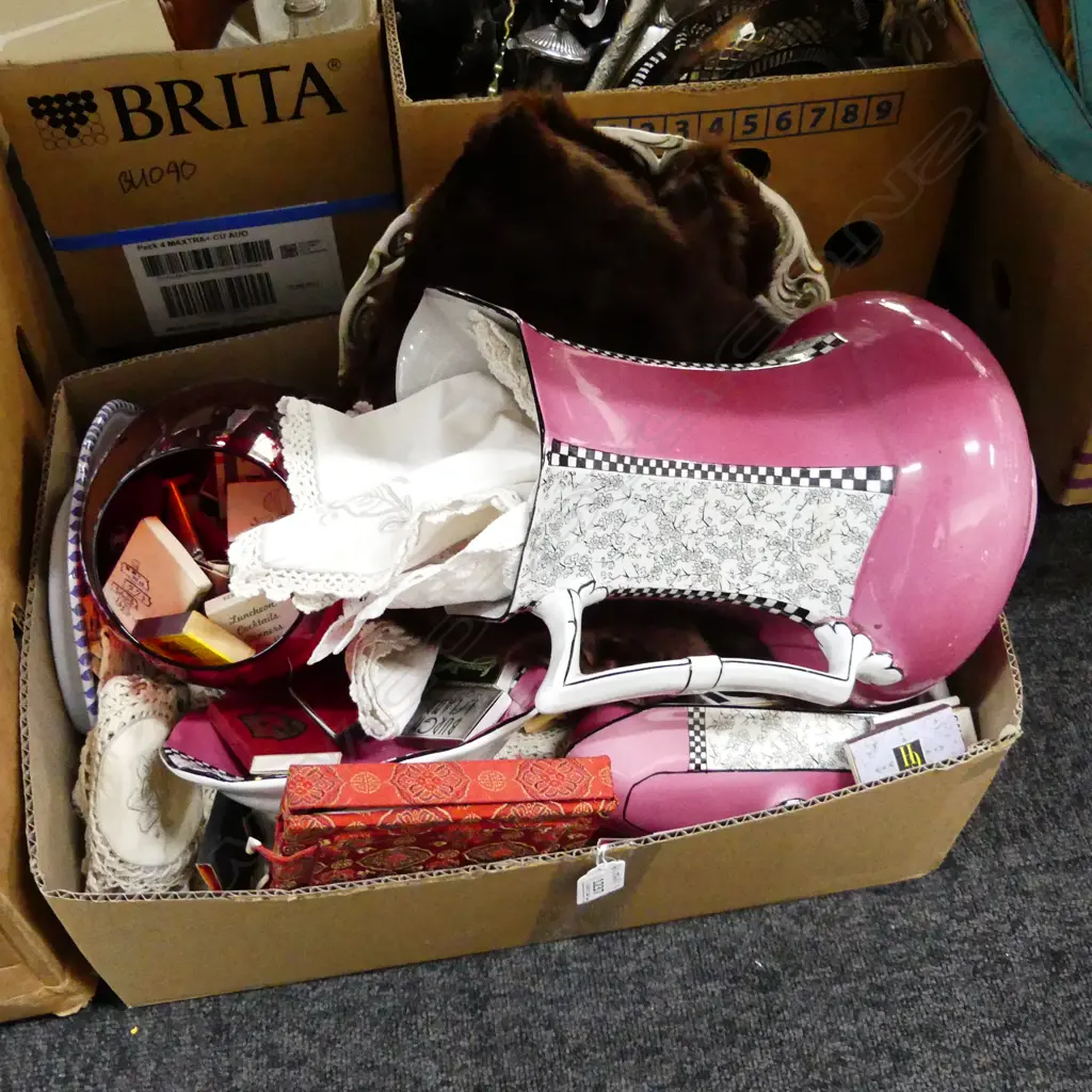 BOX LOT FUR STOLE, 3 PCE SOLIAN WARE PINK WASH SET, LARGE RED GLASS w. MATCHSTICKS, LINEN ETC Image 1++