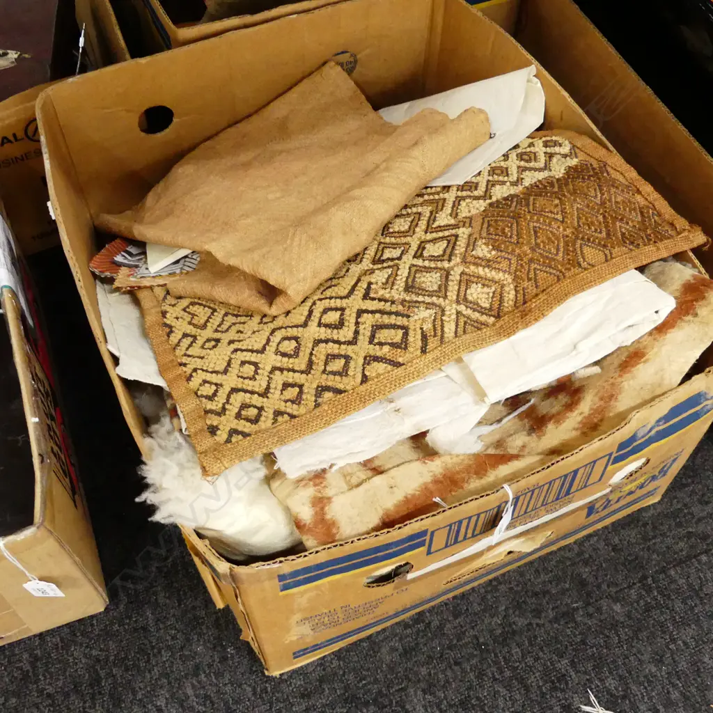 BOX LOT TAPA CLOTHS, WOVEN TRIBAL PCES, SHEEPSKIN ETC Image 1++