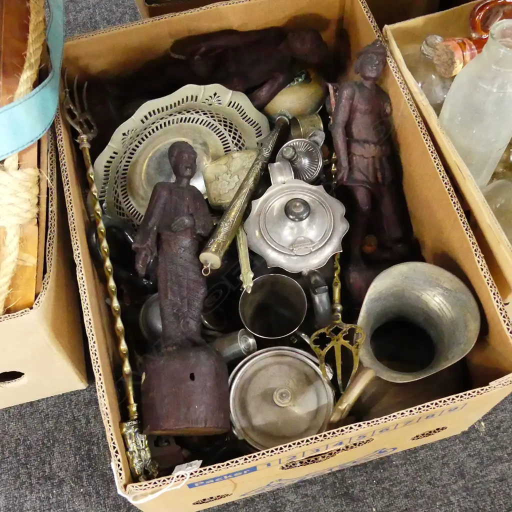 BOX LOT ASST. SILVER PLATE / BRASS ETC Image 1++