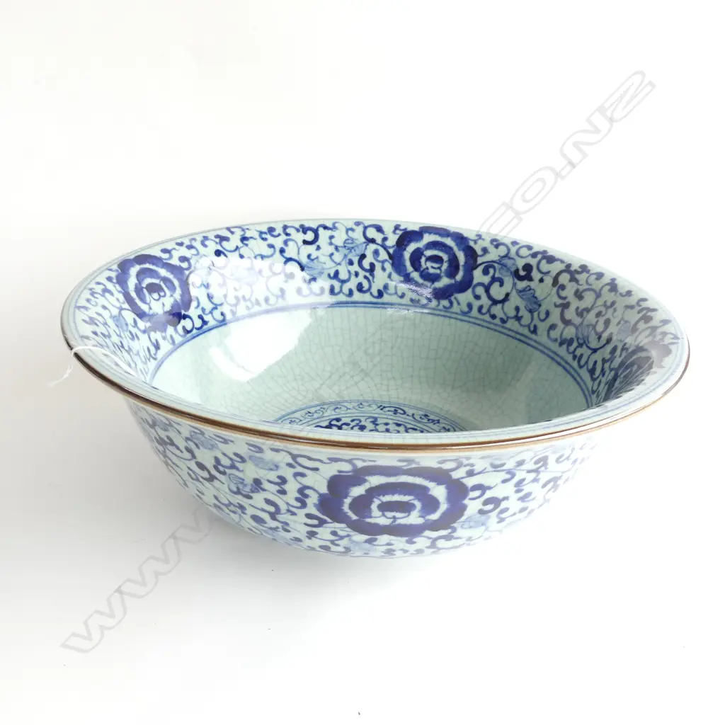 LARGE BLUE CRACKLE GLAZE ORIENTAL BOWL 430mm dia Image 1++