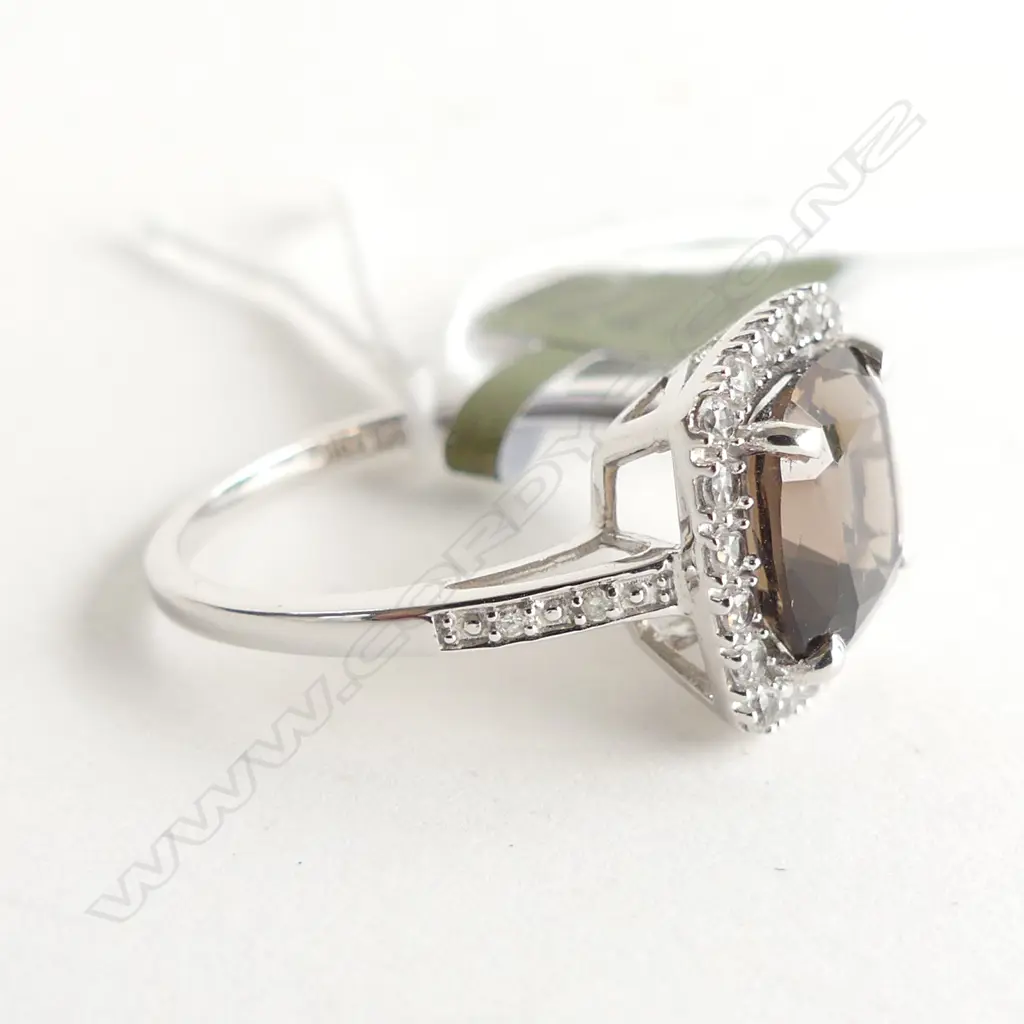 10CT WG SMOKEY QUARTZ  & CZ & 4 DIA IN SHOULDERS ONLY RING 2.5 GRAMS Image 1++