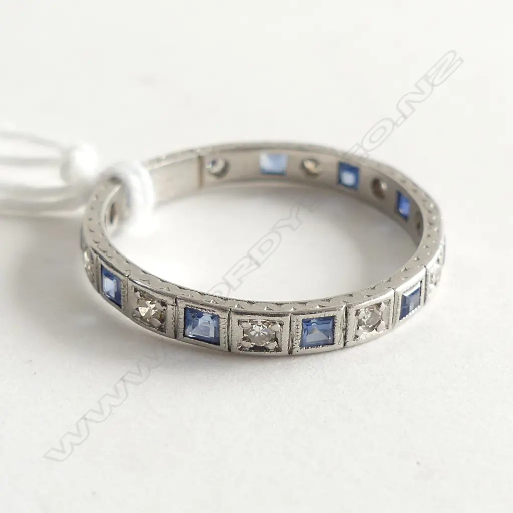 ESTATE PLATINUM DIAMOND SAPPHIRE ETERNITY BAND RING Image 1++