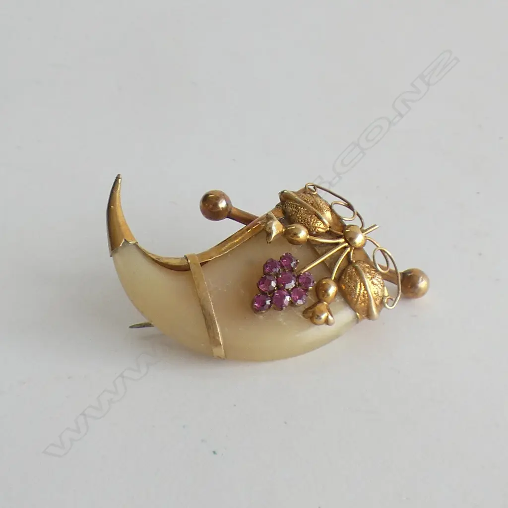 OLD INDIAN TIGER'S CLAW BROOCH GOLD AND RUBY MOUNTED Image 1++