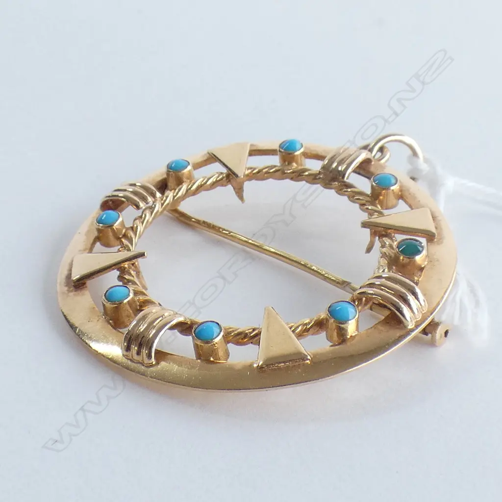 18CT GOLD BROOCH / PENDANT TURQUOISE BEADS 9.1gms Image 1++