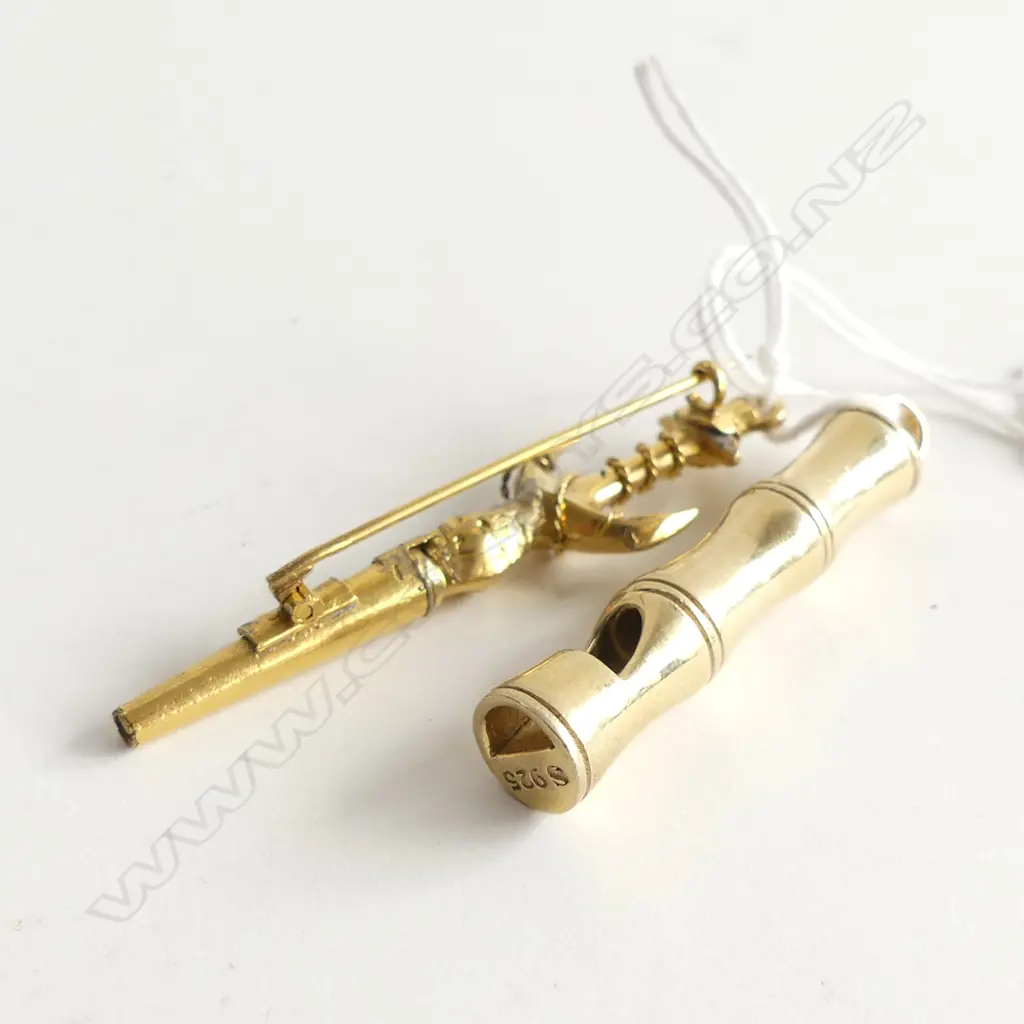 ANTIQUE GILT ANCHOR WATCH KEY + SILVER GILT BAMBOO WHISTLE PENDANT Image 1++
