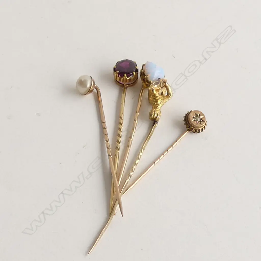 5 X ANTIQUE GOLD STICK PINS: EAGLES CLAW W CITRINE? PEARLS ETC Image 1++