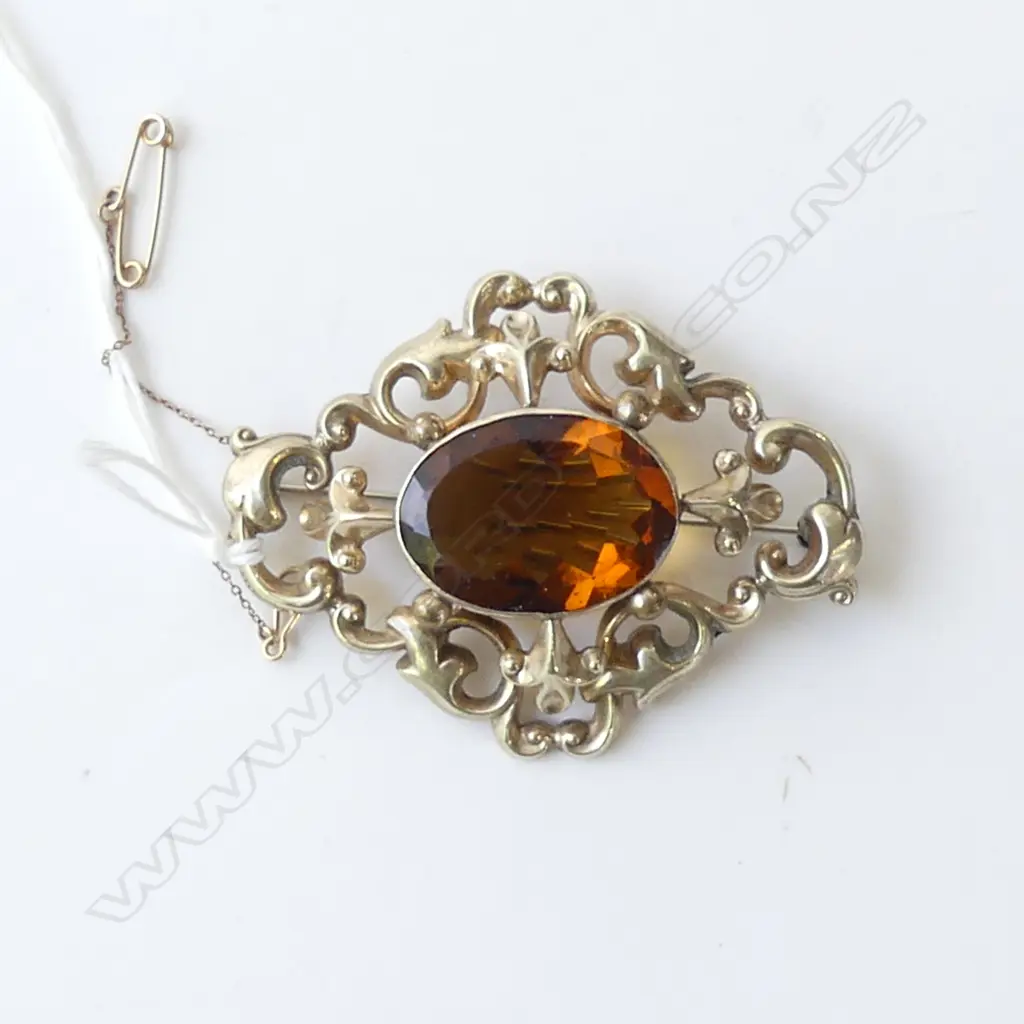 VICTORIAN GOLD PLATED CITRINE? BROOCH Image 1++