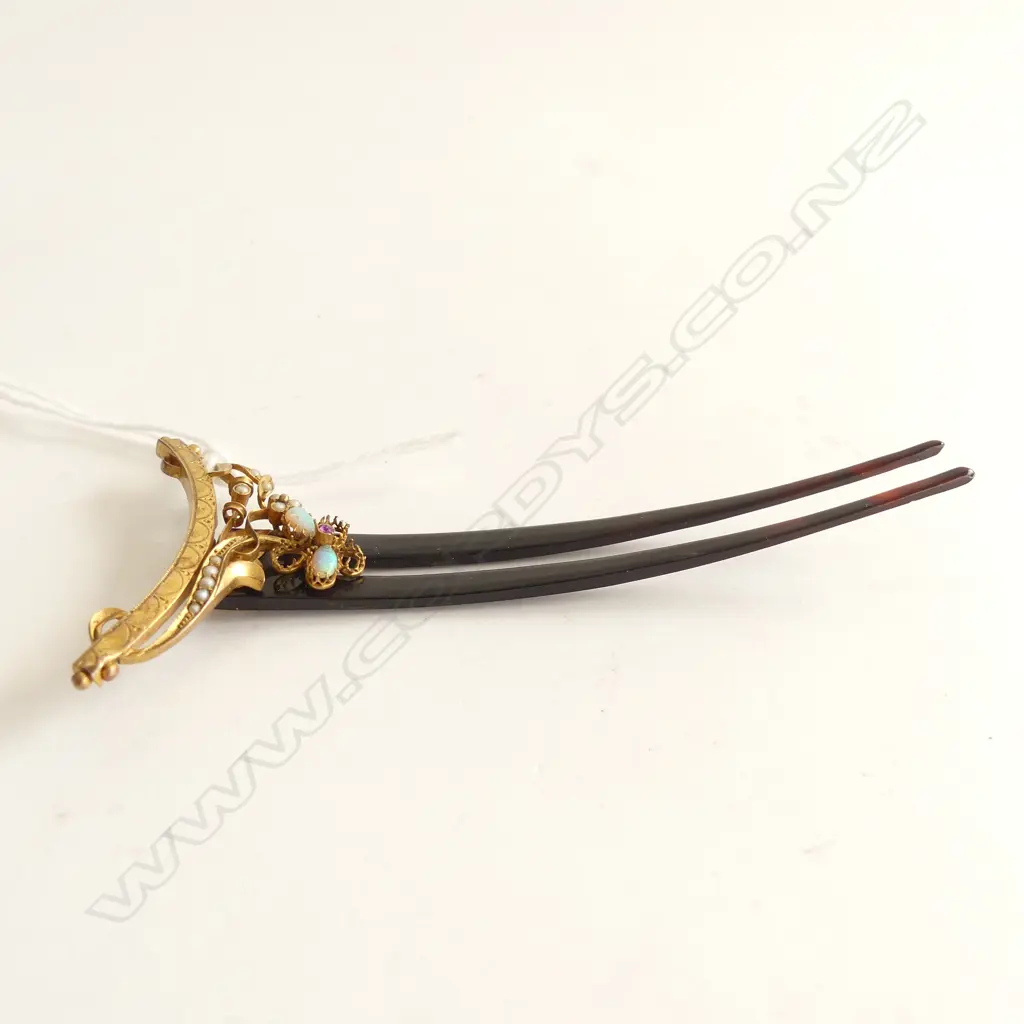 C1900 9CT GOLD OPAL & SEEDPEARL HAIR PIN MISSING 3 OPALS & 1 PEARL tortoishell dble pin Image 1++