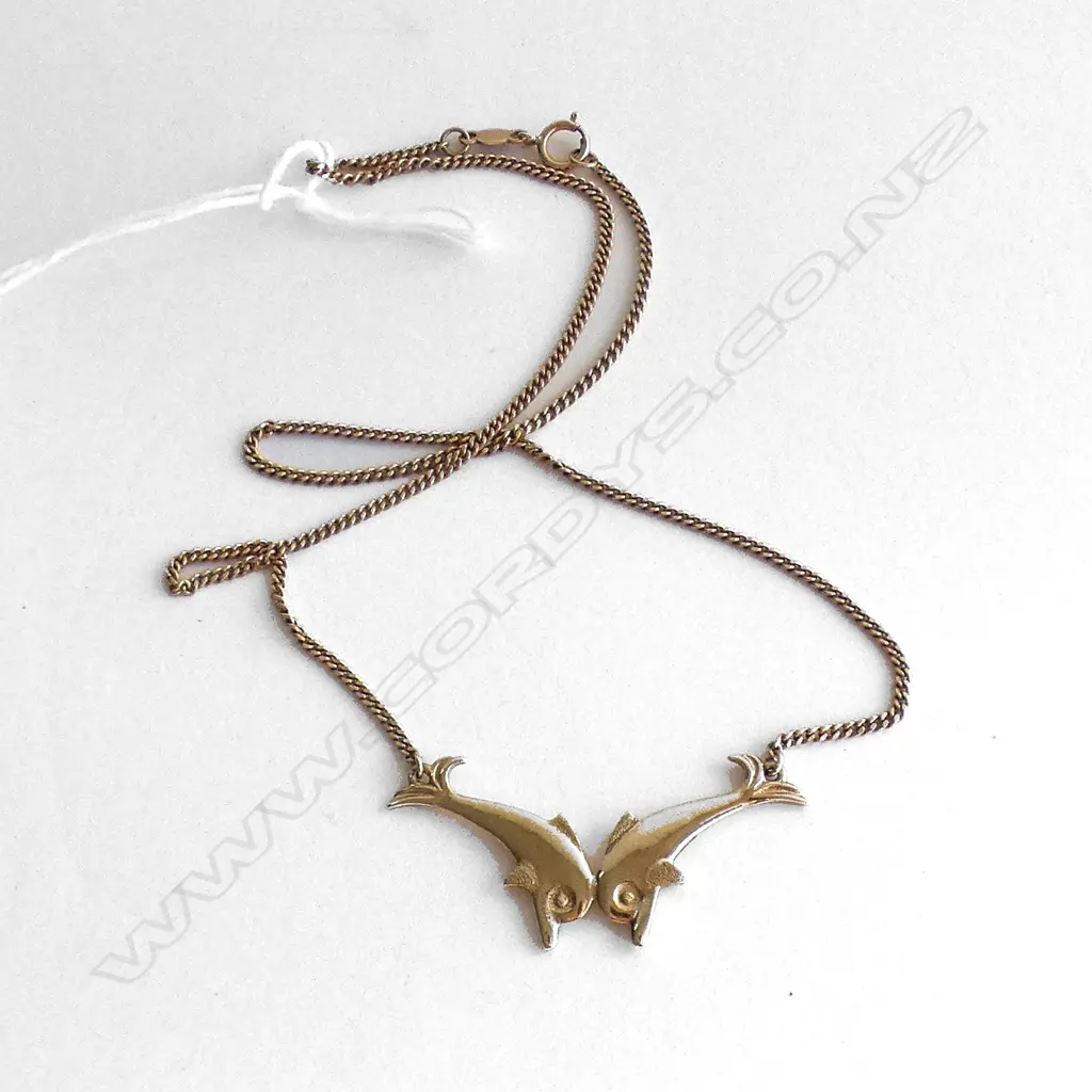 14K GOLD NECKLACE W TWIN DOLPHINS 6.48gm Image 1++