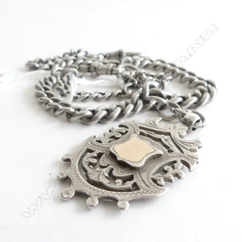 C1900 SILVER CURB LINK ALBERT CHAIN (2 JOINED CHAINS) W MEDALLION Image 1++