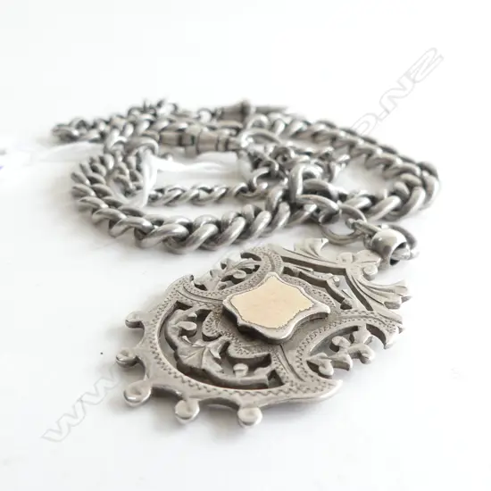 C1900 SILVER CURB LINK ALBERT CHAIN (2 JOINED CHAINS) W MEDALLION