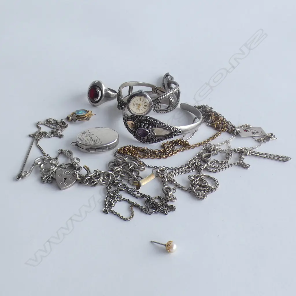 ASST SILVER JEWELLERY ETC: BRACELET. EMKA MARCASITE WATCH. RING. LOCKET ETC Image 1++