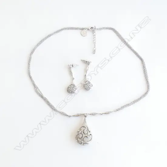 3 PCE SILVER TONE 3 STRAND NECKLACE & EARRINGS SET; TEAR DROP PAVÉ & DROP EARRINGS