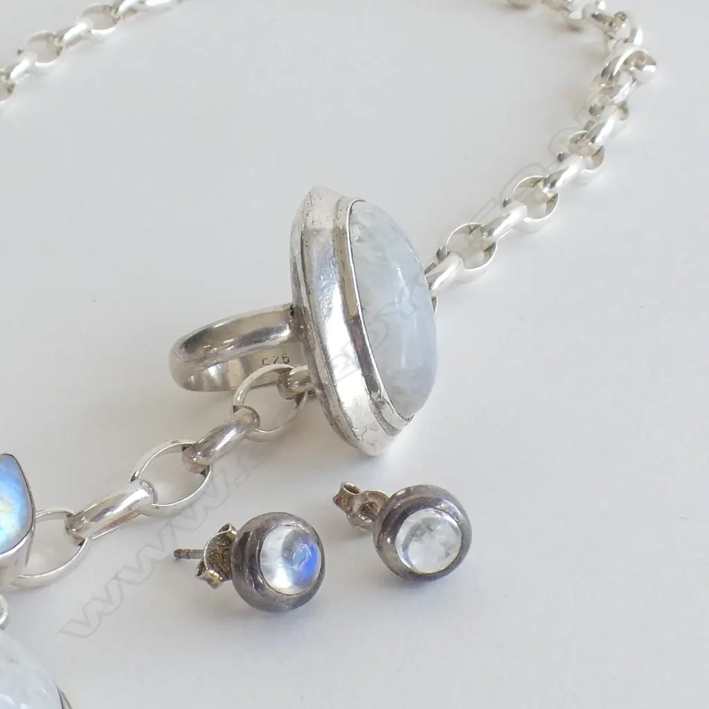 STG SILVER LINK CHAIN NECKLACE W LG MOONSTONE STYLE AGATE PENDANT, RING, STUD EARRING & DROP EARRINGS Image 1++