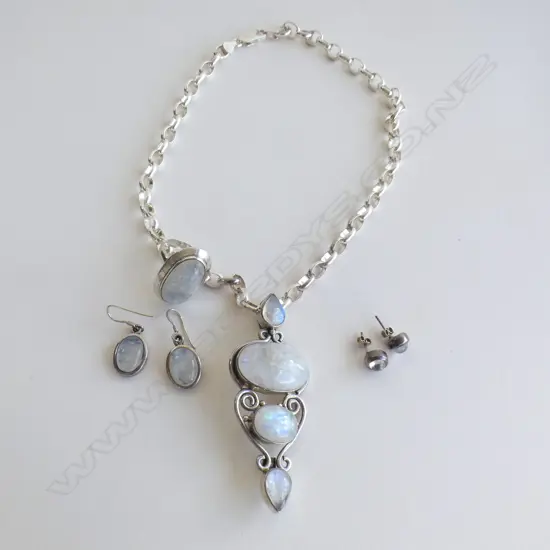 STG SILVER LINK CHAIN NECKLACE W LG MOONSTONE STYLE AGATE PENDANT, RING, STUD EARRING & DROP EARRINGS