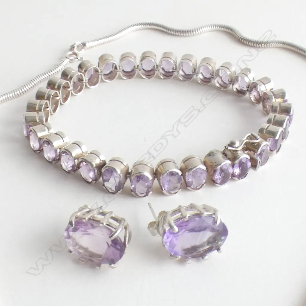 STG SILVER SET LG AMETHYST PENDANT & CHAIN, BRACELET & STUD EARRINGS Image 1++